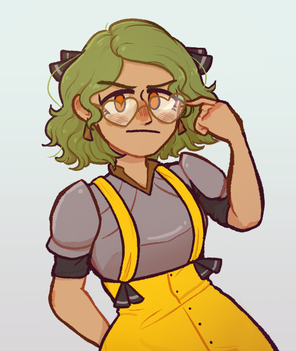 A girl with green hair & yellow dress looking upset while pulling down her heart-shaped glasses