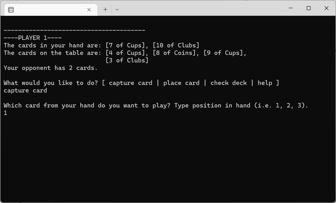 screenshot of command prompt displaying 'Player 1' and the cards in the hand, table, and number of cards in opponent's hand. The player has choses to capture a card from the table